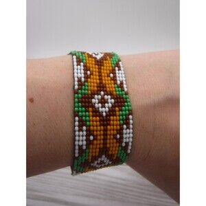 Loom Beaded Bracelet Brown, Green, & Orange w/ Vegan Leather